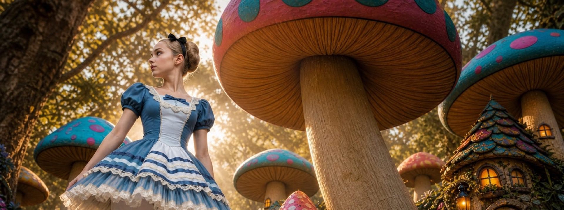 Alice in Wonderland fantasy scene with ballet dancer and giant mushrooms